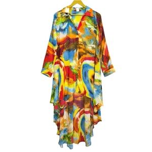 Vintage 90s Button Up Tunic Top Size M Multicolor Artsy Groovy Hippie Hanky Hem